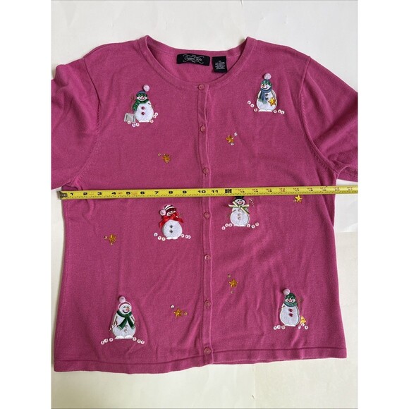 Ladies Crystal Kobe Pink Appliqué Snowmen Cardigan Sweater Size XL - Picture 6 of 9